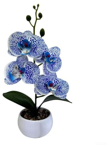 Orchidée phalaenopsis artificielle en pot imprimée 3D - Décoration d'intérieur réaliste pour bureau, salon, chambre à coucher, étagère d'étude, 30 x 16 x 16 cm (bleu)