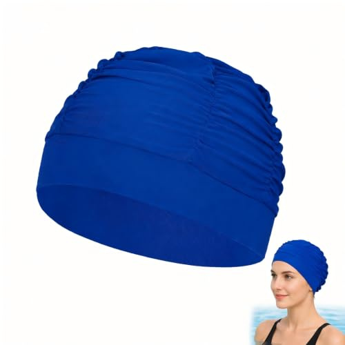 Simmössa för kvinnor för långt hår, badmössa av nylon blå, mjuk elastisk simmössa, badmössa för simning, dusch, spa, lång, lockig, tjock och voluminöst hår