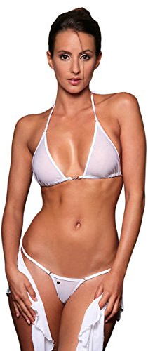 my sexy bikini - Micro String Bikini durchsichtig in Tulle - Tahiti - DREI Teilen : (Mini und Micro String + top) Weiß (Unter: 34/36 | BH: 1)