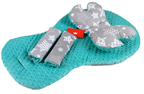 BABYLUX Kinderwagen SITZAUFLAGE Kissen Gurtschoner f. Buggy Autoschale Einlage (1. Minze + Dino, 3 Tlg Sitzauflage + Kissen + Gurtpolster)