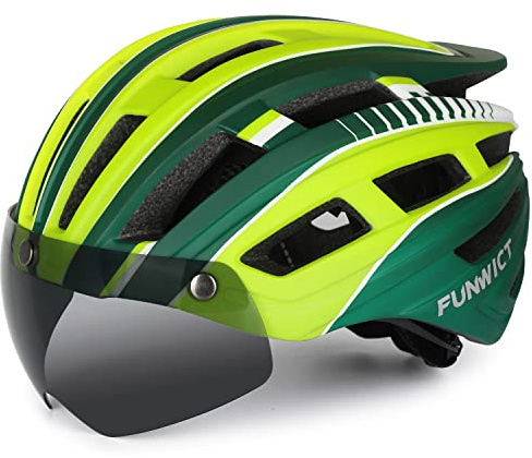 FUNWICT Casco Bicicleta Hombre Casco MTB con Gafas Magnéticas Extraíbles y Forro Interior Casco Bicicleta con Luz Trasera LED para Ciclismo 57-61 CM (Verde Amarillo)