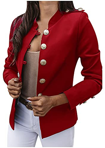 HHMY Sweatblazer dam – kostymjacka elegant kappa med knappslå militär rock casual kavaj fritid ståkrage business kontor kostym jackor smal passform blazer kappa, M – 3XL, Rot, 3XL
