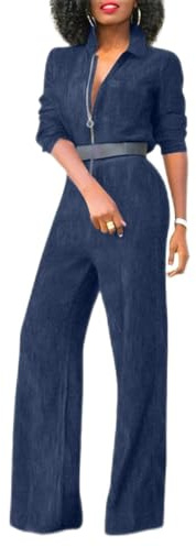 Buetory Womens Sexy Long Sleeve Denim Bodycon Jumpsuits High Waisted V Neck One Piece Wide Leg Long Pants Jeans Rompers(Navy,XX-Large)
