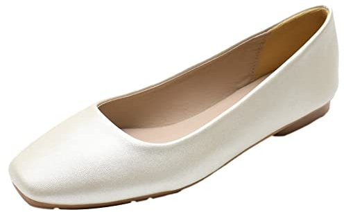 ANUFER Donne Ballerine Punta Squadrata Pelle in Microfibra Senza Allacciatura Scarpe con Décolleté Bianco Opaco SN0707127 EU42