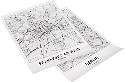 2 x Mapas de la ciudad A2 Negro Blanco | 250 gramos de papel | Imágenes para salón y dormitorio | Muy muchos motivos urbanos | Idea de regalo ideal | Sin marco | Póster Franfurkt y Berlín