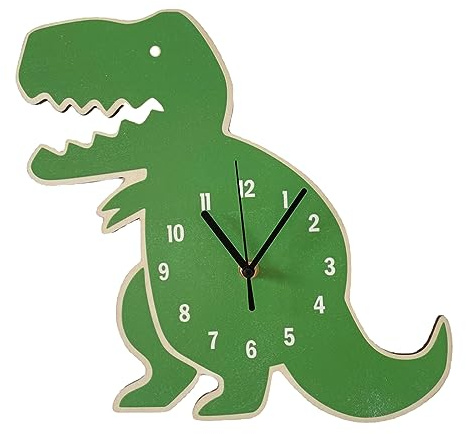 BYNNIX Boys Rooms Wall Clock Cartoon Dinosaur Clock Children Bedroom Decorations Wooden Silents Mute Clock Birthday Gift Cartoon Wall Clock for Kids Rooms