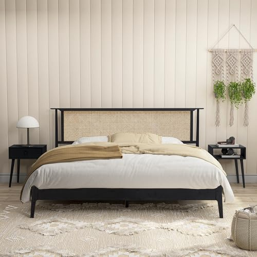 NTC Ruby Wooden Bed Frame with Headboard and Natural Rattan, Solid Oak Foundation with Silent Slats, 1000 Lb Capacity, Effortless Assembly, Queen - Burnt Black
