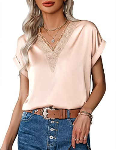 Zeagoo Chemisiers et Blouses Femme Chic Chemise d été Elegant Blouse Manche Courtes Satin Chemisier Beige L