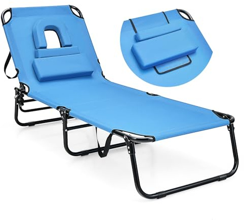 GYMAX Sedia Sdraio Pieghevole da Spiaggia, Lettino Prendisole con Foro per il Viso e Cuscini Rimuovibili, 5 Posizioni Regolabili, Reclinabile per Spiaggia, Campeggio, Patio, 63 x 194 x 37cm (BLU)