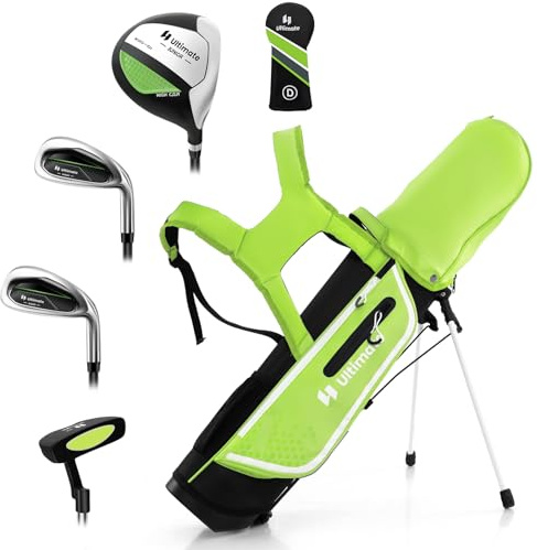 GYMAX Juego Completo De Palos De Golf para Niños Diestros De 8 A 10 Años, Incluye Fairway De Madera N.° 1 con Cubierta para La Cabeza, Hierros N.° 7 Y N.° S, Putter Y Bolso con Capucha (Verde)