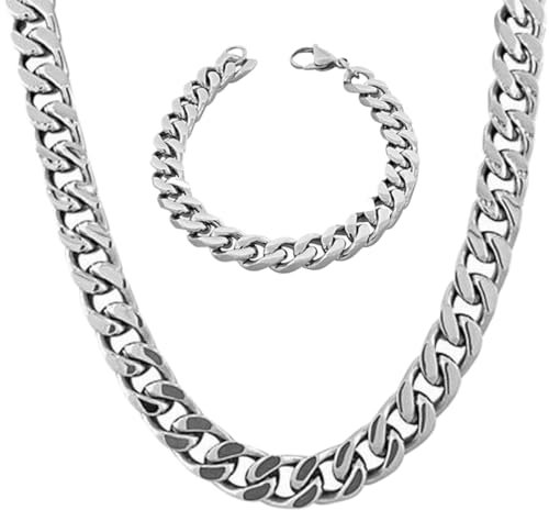 OQKAHIV Herren Damen Panzerkette Set - Halskette & Armband aus vergoldetem/silbernem Edelstahl, 8mm breit, kubanische Hip-Hop Kette, Länge Halskette 55cm, 2Stück