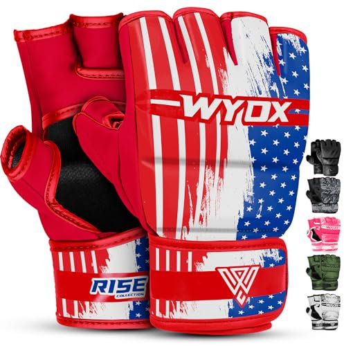 WYOX MMA Gloves Grappling Sparring, Boxing Gloves Men Women Muay Thai Martial Arts Training, Half Finger Adjustable Mitts Wrist Support Kickboxing Gloves (USA Flag, S/M (15-21 cm))