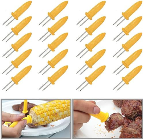 20 supporti per mais, in acciaio inossidabile, supporto per mais a doppio rebbio per pannocchie, spiedini, forchetta per frutta, utensile da cucina, all'aperto, casa, barbecue