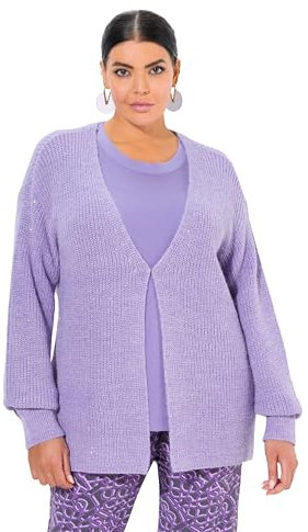 Ulla Popken Damen Strickjacke, Pailletten, Oversized, Rippstrick, V-Ausschnitt, Lavendel, 50-52 EU