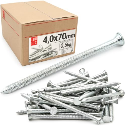Lun Fix Clous d'ancrage galvanisés 4 x 70 mm – 0,5 kg Clous rainurés en bois pour travaux de construction, clous de construction 70 mm de long