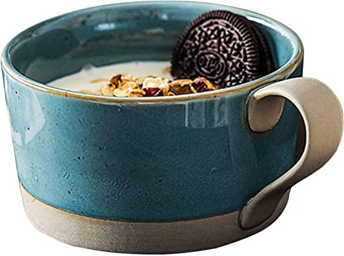 GLETSF Stora frukostkoppar, salladsskål, keramisk soppkopp, unik soppkopp, behållare för kaffe- och tesoppskålar, soppkopp med handtag, frukostBlu-450 ml