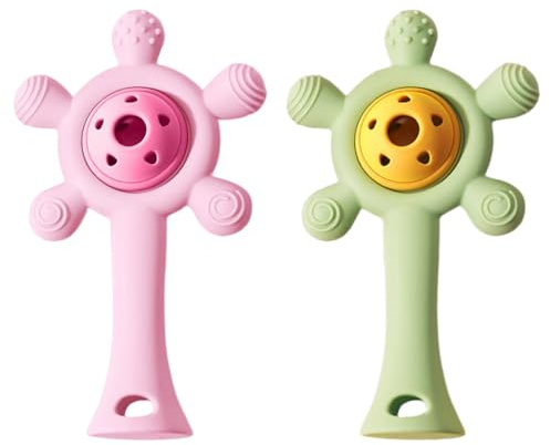 WUSJCOF 2 sonajeros para bebés, anillos de dentición, sin BPA, diseño antiaffogamento, mejora el agarre, adecuados para el desarrollo auditivo y dental, para bebés (rosa y verde)