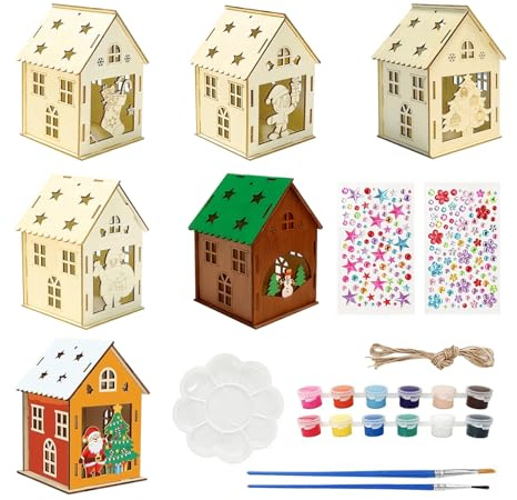 6 Pièces Bricolage Noel en Bois, Maison de Noël en bois avec Pinceaux et Peinture, Maison de Noël Crafts Kids En Bois DIY Crafts Set, Kit de Bricolage Noëls pour Enfant, Cadeaux Noel Pour Enfants