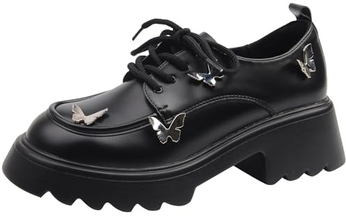 Eestfy Oxford Mocasines con Plataforma Mujer con Detalle de Lazo Mariposa Suela de Tacos Gruesa Slip On Zapatos Casuales para Calle y Oficina,Black Matte,39 EU