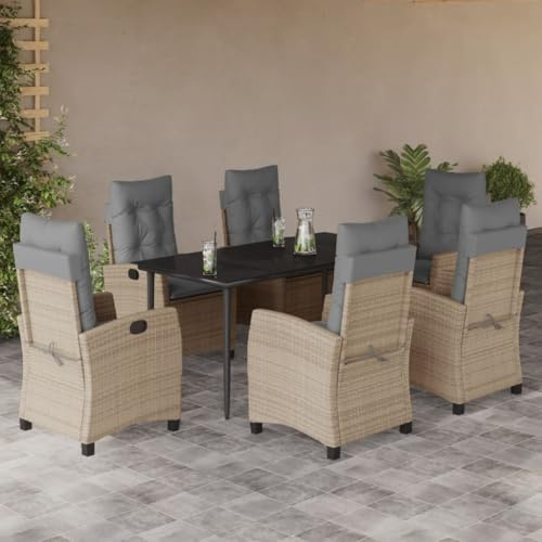 JHQHSM 7-TLG. Gruppo da giardino con cuscino misto polyrattan, seduta in rattan sintetico con schienale regolabile e piano in vetro, per terrazze, esterni, resistente alle intemperie
