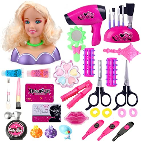 Maqulae Juego de Simulación de Maquillaje para Niños, Cabeza de Peluquería, Juguete de Peinado con Secador de Pelo, para Niñas (MaqulaeIg7-10322035)