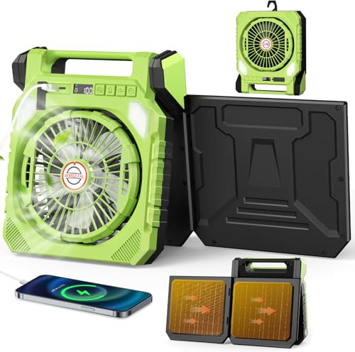 Ventilador Camping Solare con 2 Paneles Solares,Batería de 20000 mAh,Oscilación 180°,luz LED,Linterna,Pantalla Digital,Gancho,Temporizador.Ventilador Portatil para Exterior,Tienda,Hogar,Viaje