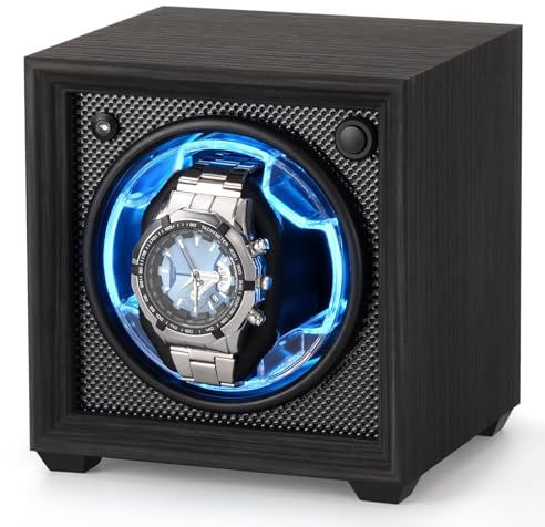 Isili Einzel Uhrenbeweger für Automatische Uhren, Auto Start-Stop Uhr Winders Box für Liebhaber, mit Quiet Motor 2 Rotation Mode Einstellung, blaues Licht, Geschenk für Vatertag