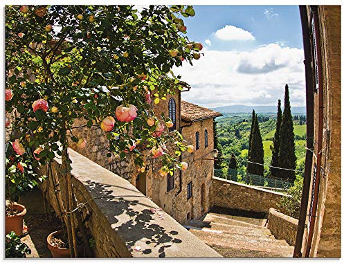 ARTland Wanddeko Glasbilder Wandbild Glas Bild einteilig 80x60 cm Querformat Toskana Italien Natur Landschaft Garten Rosen Balkon Ausblick Sommer T4QS