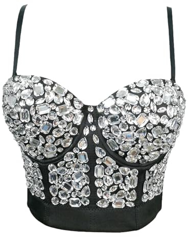 Woboren Push up Bustier Crop Top para mujer Gothic Punk Rhinestone Diamond Corset Clubwear Tops