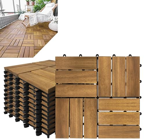 Froadp 30x30cm Pavimenti di Legno di Acacia, Pavimento per Esterno, Piastrelle da Giardino a clip, Pavimentazione a Griglia con Sistema Plug-in per Balcone Terrazza Piscina Gazebo(22 pcs, Type B)