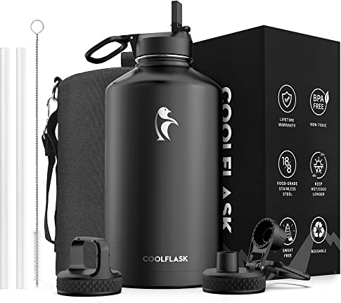 Coolflask Gallon Water Bottle Insulated with Straw&3 Lids, Water Jug Large Stainless Steel Metal Vacuum Wide Mouth for Sports, Gym or Office, Non-BPA Keep Cold 48H Hot 24H, Magic Black