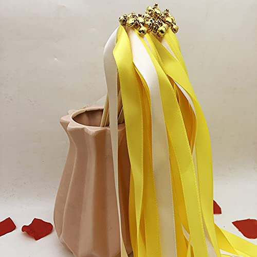 Zauberstäbe mit Band Glocken,30 Stück Luftschlangen Seide Fee Stick,Wedding Twirling Streamers Ribbon Wedding Wands Stick für Hochzeit Partys Babypartys Geburtstag Urlaub Feiern Weihnachten,Gelb