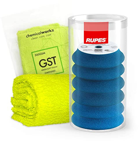Shiny Freaks Polierpad Set: Rupes Bigfoot Polierschwamm für 30mm Stützteller - D-A Coarse Ø30-40mm blau (6 STK.) + ChemicalWorkz Premium Poliertuch 500GSM | 7-teilig
