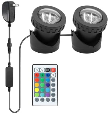 TENSUL Colored Pond Lights with Timer, Weighted RGB Fountain Lights IP68 Waterproof Underwater LED Dimmable Light for Pond Fountain, 2 in Set