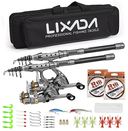 Lixada Canna da pesca Combo Set 1.5/1.8/2.1/2.4m 2PCS Rod Reel Canna da pesca telescopica in fibra di carbonio Mulinelli da pesca Set da pesca con ganci Esche morbide Barile Girelle Borsa di