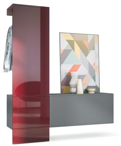 Vladon Garderobe Carlton Set 4, Made in Germany, Wandgarderobe aus Deko-Paneel & Hängeschrank für Schuhe, Anthrazit matt/Bordeaux Hochglanz (156,5 x 193 x 35 cm)