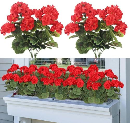 Laelfe 4 Bundles Artificial Red Geraniums for Outdoors, UV Resistant Fake Geraniums Flowers Faux Silk Geranium Plants for Outside Indoor Home Balcony Window Boxes Garden Decorations