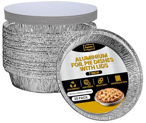 Superior Foil Pie Dishes 7 inch Round – Pack of 20 Foil Pie Cases with Lids – Durable Oven Freezer Safe Disposable Round Aluminium Foil Flan Dishes for Baking Storage Takeaway