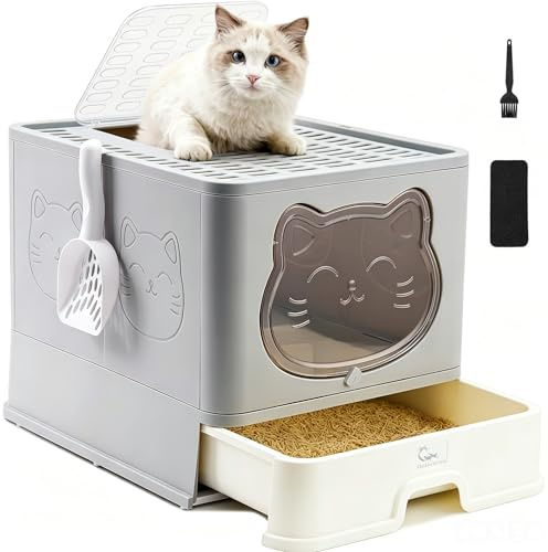 HelloMiao Hooded Fully Enclosed Cat Litter Tray with Drawer, Extra Large Odor Control Indoor Litter Box, Privacy Covered Toilet with Scoop for Cats Under 17.6Ib(8kg)