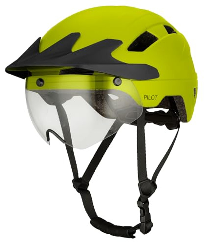 GOOFF Pilot S-Pedelec Casco - Protezione per viaggi veloci e-bike - Casco da bicicletta con visiera e luce - NTA 8776 - Casco a due irat certificato (giallo fluorescente con parasole, L)