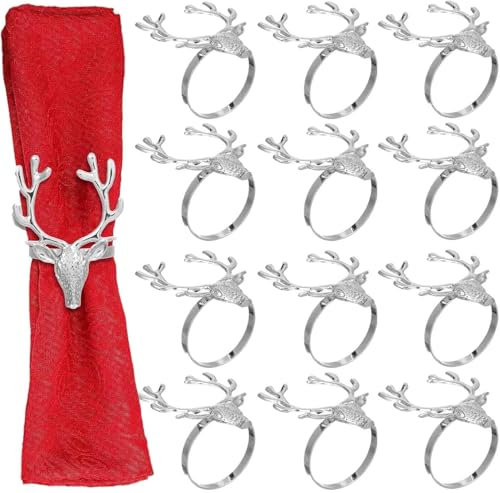 IMIKEYA 12 Stück Serviettenringe Weihnachten Silber Hirsch Weihnachtsserviettenringe Hirschkopf Nietenschnur Elch Serviettenhalter