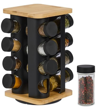 Relaxdays Gewürzkarussell, 16 Gewürzgläser, 360° drehbar, Edelstahl, Bambus, Glas, HxBxT: 28 x 20 x 20 cm, schwarz/Natur
