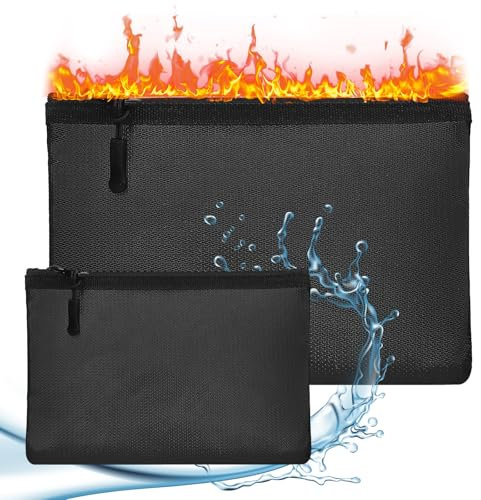 2Pcs Fireproof Document Pouch Set, 34.7x25cm Fire Water Proof Cash Pouch, 20.3x14.2cm Non-Itchy Fireproof Wallet, Insulated Money Bag with Zipper, Fireproof Banking Bag for Important Documents