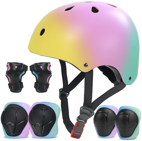 LANOVAGEAR Casco Bici Protezioni Set,Caschi per Bambini 2-14 Anni Regolabile Gomitiere Polso Ginocchiere Set di Protezione per Bambina per Skate Bicicletta Pattinaggio (Giallo Rosa Verde, M)