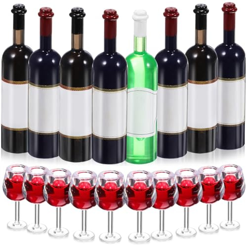 ULTECHNOVO 18 piezas Mini botellas de vino Juego de tazas de bebidas de cóctel en botella de vino tinto en miniatura para decoración de muñecas, accesorios de cocina