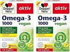 Doppelherz Omega-3 1000 vegan - Hochdosierte Omega-3-Fettsäuren EPA und DHA aus pflanzlichem Algenöl - 120 kleine, leicht schluckbare Kapseln (Packung mit 2)