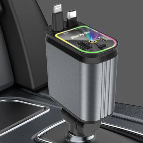 4-i-1 infällbar billaddare, 66 W USB-C snabbladdningsadapter för cigarettändare med LED, billaddare inkl. iphone- och typ C-kabel, kompatibel med iPhone, Samsung, Pixel, surfplattor, 12 V/24 V