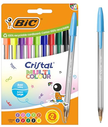BIC Penne a Sfera Cristal Multicolour Punta Larga (1,6 mm) - Inchiostro di Colori Classici, Fluo e Divertenti Assortiti, Confezione da 10