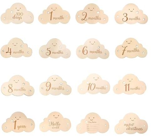 Galenecx 8 Stück Meilensteinkarten Baby, Wolkenform Meilensteinkarten, Hochwertigem Holz Meilenstein Karten Set Als Geschenk zur Geschenkidee zur Geburt Taufe