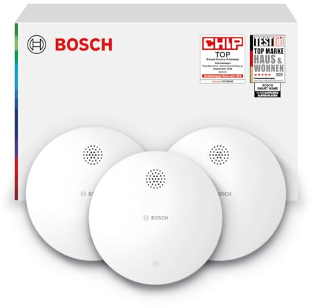 Bosch Smart Home Rilevatore di fumo II, rilevatore di incendio con funzione app e batteria sostituibile, compatibile con Apple HomeKit, set da 3 pezzi
